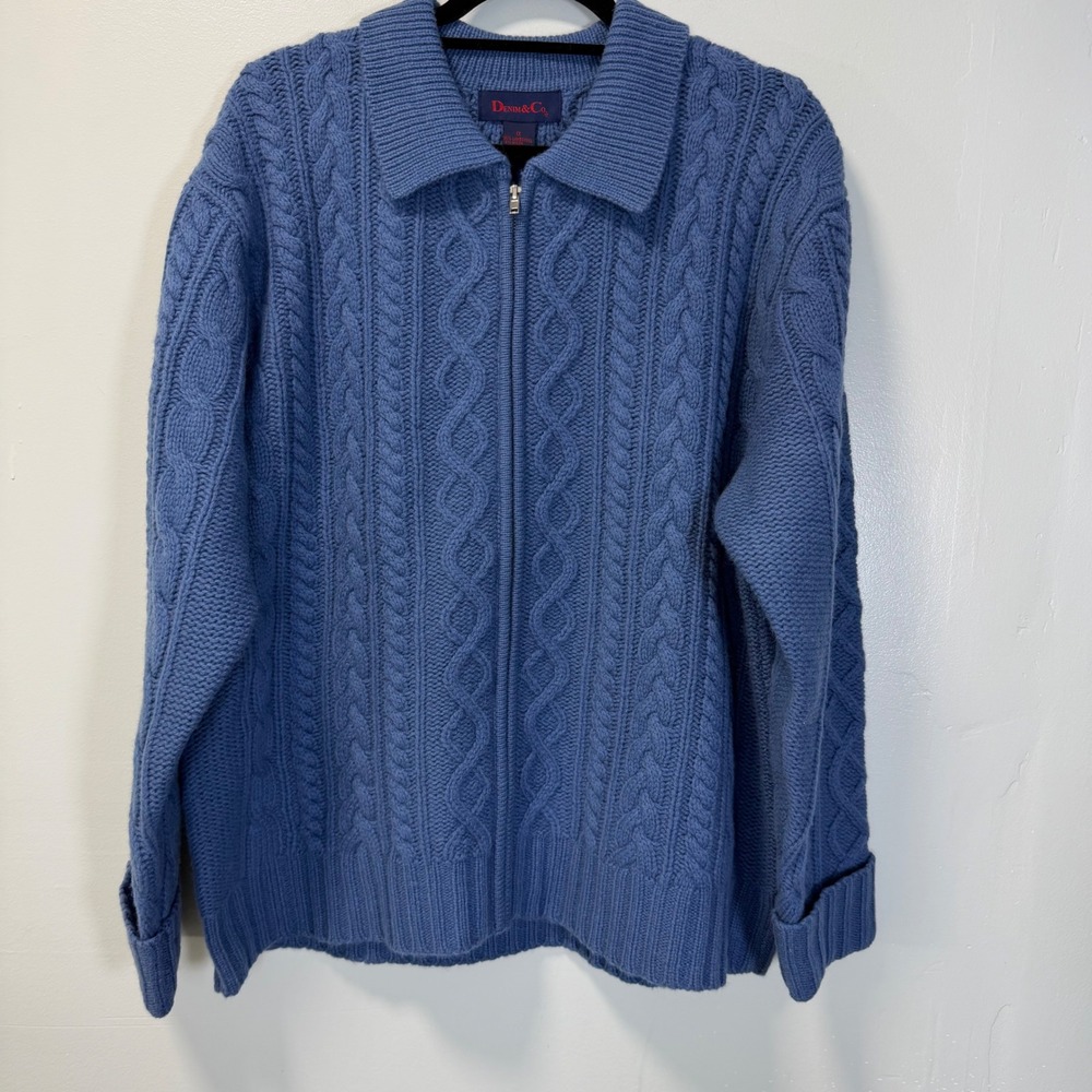 Vintage Denim & Co Blue Lambswool Blend Cable Knit Full Zip Sweater 1X NWT